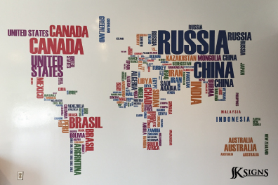 Custom wall graphics of world map installed in Toronto
