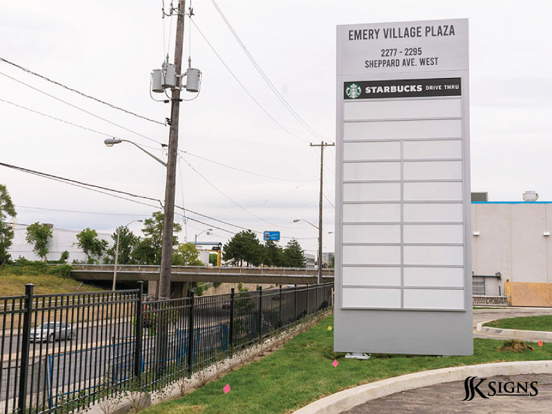 Finished pylon signs for Emery Village Plaza in Toronto, ON